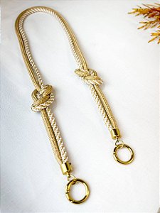 Alça de Ombro Corda Nó Duplo 95cm Bege e Branco/Dourado