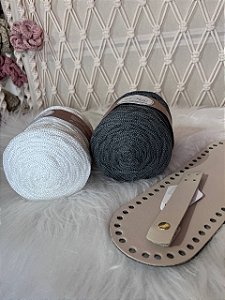 Kit Bolsa Daniela-Néctar Nautico 4mm Cinza/Branco c/ fechamento-Pólen Crochê