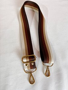 Alça Poliester Listrada-Marrom/ChocolateqOcre/Bege & Dourado