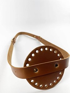 Porta Vinho Simples 10x35cm Couro Déa Fios Caramelo Escuro/Dourado