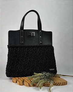 Kit Bolsa Famme - Fio Néctar 5mm Preto-Couro Preto/Ônix (Déa Fios-Aula Inclusa)