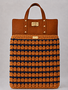 Kit Bolsa Boss - Fio Malha Pólen  Azul Marinho e Ocre-Couro Caramelo Escuro/Dourado (Déa Fios-Aula Inclusa)