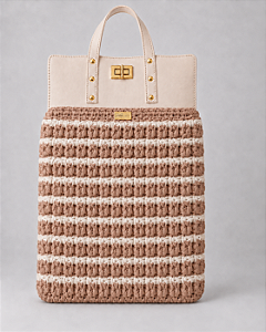 Kit Bolsa Boss - Fio Malha Pólen  Areia e Mocha -Couro Bege/Dourado(Déa Fios-Aula Inclusa)
