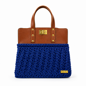 Kit Bolsa Famme - Fio Néctar 5mm Azul Marinho-Couro Caramelo Escuro/Dourado (Déa Fios-Aula Inclusa)