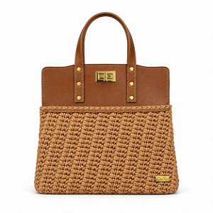 Kit Bolsa Famme - Fio Néctar 5mm Caramelo Claro-Couro Caramelo Escuro/Dourado (Déa Fios-Aula Inclusa)