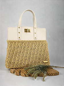 Kit Bolsa Famme - Fio Néctar 5mm Capim Claro-Couro Bege /Dourado (Déa Fios-Aula Inclusa)
