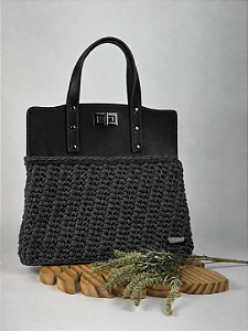 Kit Bolsa Famme - Fio Néctar 5mm Cinza Escuro-Couro Preto/Ônix (Déa Fios-Aula Inclusa)