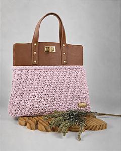 Kit Bolsa Famme - Fio Néctar 5mm Rosa Chá-Couro Marrom/Dourado (Déa Fios-Aula Inclusa)