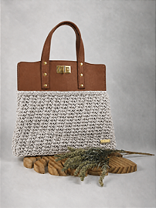 Kit Bolsa Famme - Fio Néctar 5mm Café com Leite-Couro Maromm/Dourado (Déa Fios-Aula Inclusa)