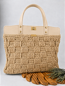 Kit Bolsa Work - Fio Néctar Nautico 4mm Juta-Couro Bege/Dourado (Déa Fios-Aula Inclusa)