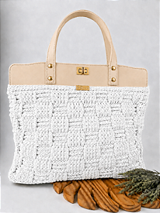 Kit Bolsa Work - Fio Néctar Nautico 4mm Branco Natural-Bege/Dourado (Déa Fios-Aula Inclusa)