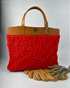 Kit Bolsa Work - Fio Néctar Nautico 4mm Vermelho-Couro Caramelo Escuro/Dourado (Déa Fios-Aula Inclusa)