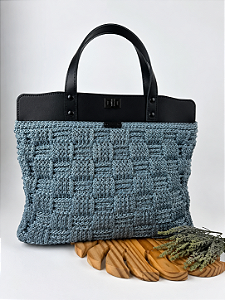 Kit Bolsa Work - Fio Néctar Nautico 4mm Cinza-Couro Preto/Ônix (Déa Fios-Aula Inclusa)