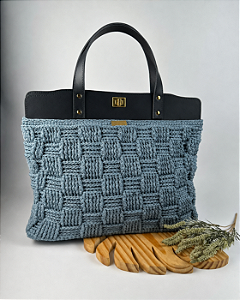 Kit Bolsa Work - Fio Néctar Nautico 4mm Cinza-Couro Preto/Dourado (Déa Fios-Aula Inclusa)
