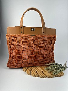 Kit Bolsa Work - Fio Néctar Nautico 4mm Terracota-Couro Caramelo Escuro/Dourado (Déa Fios-Aula Inclusa)