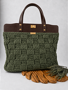 Kit Bolsa Work - Fio Néctar Nautico 4mm Verde Musgo-Couro Marrom/Dourado (Déa Fios-Aula Inclusa)