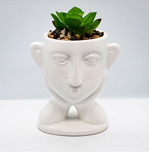 Vaso decorativo com rosto + planta suculenta