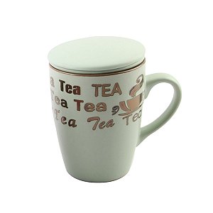 CANECA PORCELANA C/INFUSOR TAMPA VINTAGE LETTERS VERDE 350ML