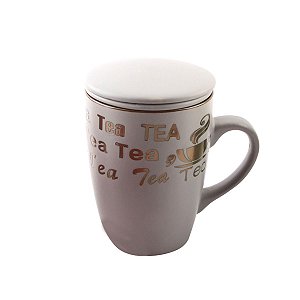 CANECA PORCELANA C/INFUSOR TAMPA VINTAGE LETTERS CINZA 350ML