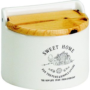 SALEIRO DE PAREDE DE PORCELANA COM TAMPA DE MADEIRA 620ML