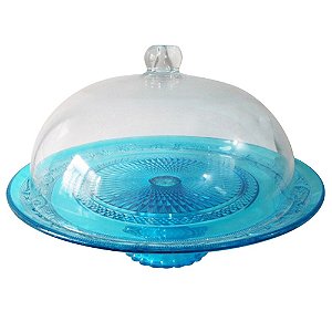 PRATO PARA BOLO VIDRO FINE DECOR WITH COVER AZUL 33 X 26 CM