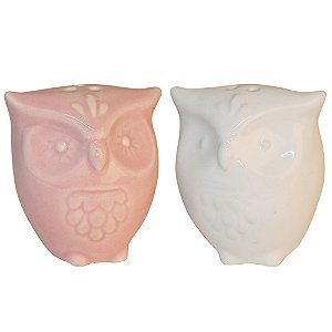 SALEIRO E PIMENTEIRO DE CERAMICA LITTLE OWLS ROSA E BRANCO 9,8CM