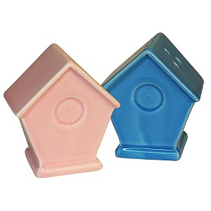 SALEIRO E PIMENTEIRO DE CERAMICA LITTLE HOUSES ROSA E AZUL 11,5CM