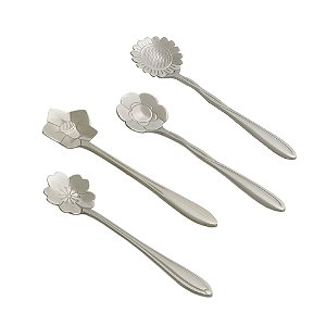 CJ 4 COLHERES AÇO INOX P/CHÁ FLORES PRATEADA