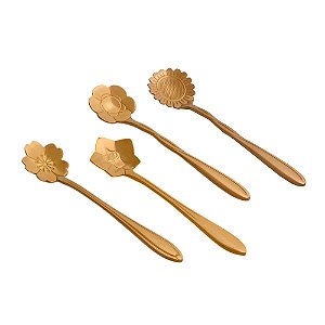CJ 4 COLHERES AÇO INOX P/CHÁ FLORES ROSÉ GOLD