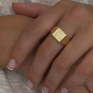 Anel Placa Cravejada Banhado Ouro 18k