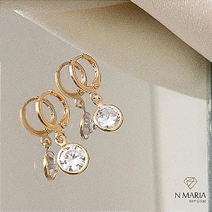 Brincos Argola Pingente Ponto de Luz Banhado Ouro 18k