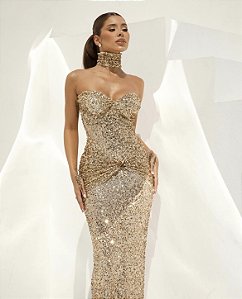 Vestido paete tomara que caia com gola