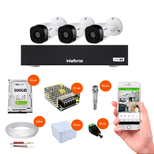 Kit 3 Câmeras + DVR 4 Canais 1 Mega com HD 500GB Intelbras