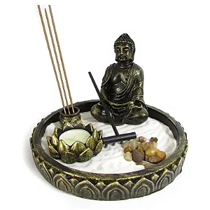 Jardim Zen Feng Shui Buda com Flor de Lotus 19cm - Incensario e Porta Vela