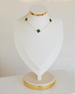 COLAR TREVO TRIPLO CADEADINHO JADE NO OURO