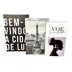Kit com 3 caixas livro, modelo 'Travel'