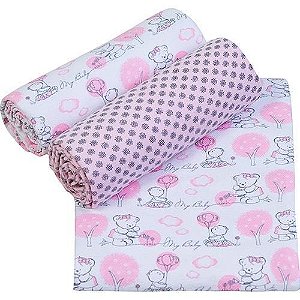 Conjunto Cueiro Papi Composê Estampado Rosa 80x60 - 3 unidades- Papi Têxtil