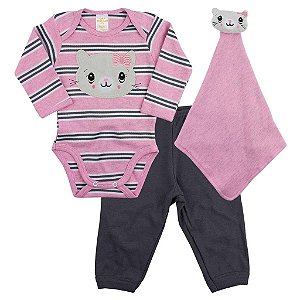 Conjunto Body Manga Longa e  Calça + 1 Naninha Gatinha