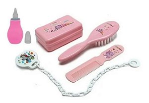 Kit Banho Luxo Pente e Escova para Bebê + Aspirador Nasal Rosa