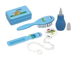 Kit Banho Luxo Pente e Escova para Bebê + Aspirador Nasal Azul