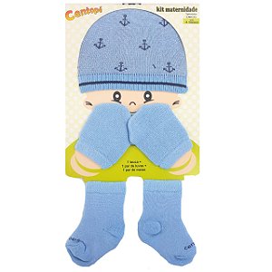 Kit Maternidade Touca, Luvas e meias - Azul Ancoras