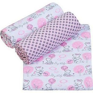 Conjunto Cueiro Papi Composê Estampado Rosa 80x100 - 3 unidades- Papi Têxtil