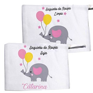 Kit c/ 2 Saquinhos Personalizado para Roupa Suja - Elefantinho com balões Rosa