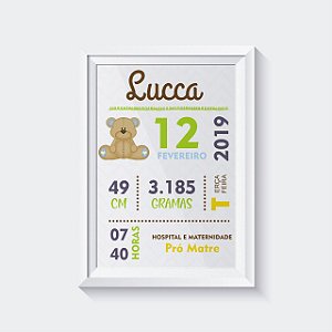 Quadro Decorativo Infantil - Dados de nascimento Ursinho Menino