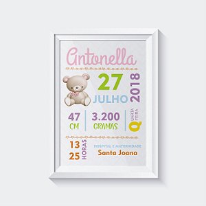 Quadro Decorativo Infantil - Dados de nascimento Ursinho Menina