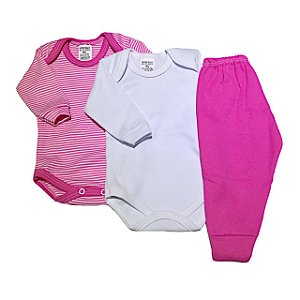 Kit Body Bebê 3 Peças Listrinhas Pink