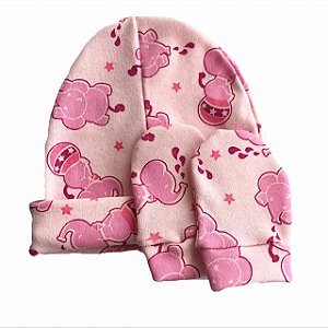 Kit Touca e Luvas Bebê Suedine Elefantinho Circus Pink - Belita Mimos