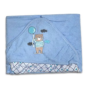 Toalha de Banho com Capuz forrada de Fralda - Ursinho Azul