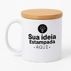 Caneca porcelana personalizada + tampa de bambu
