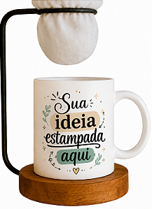 Caneca porcelana personalizada + mini coador de madeira